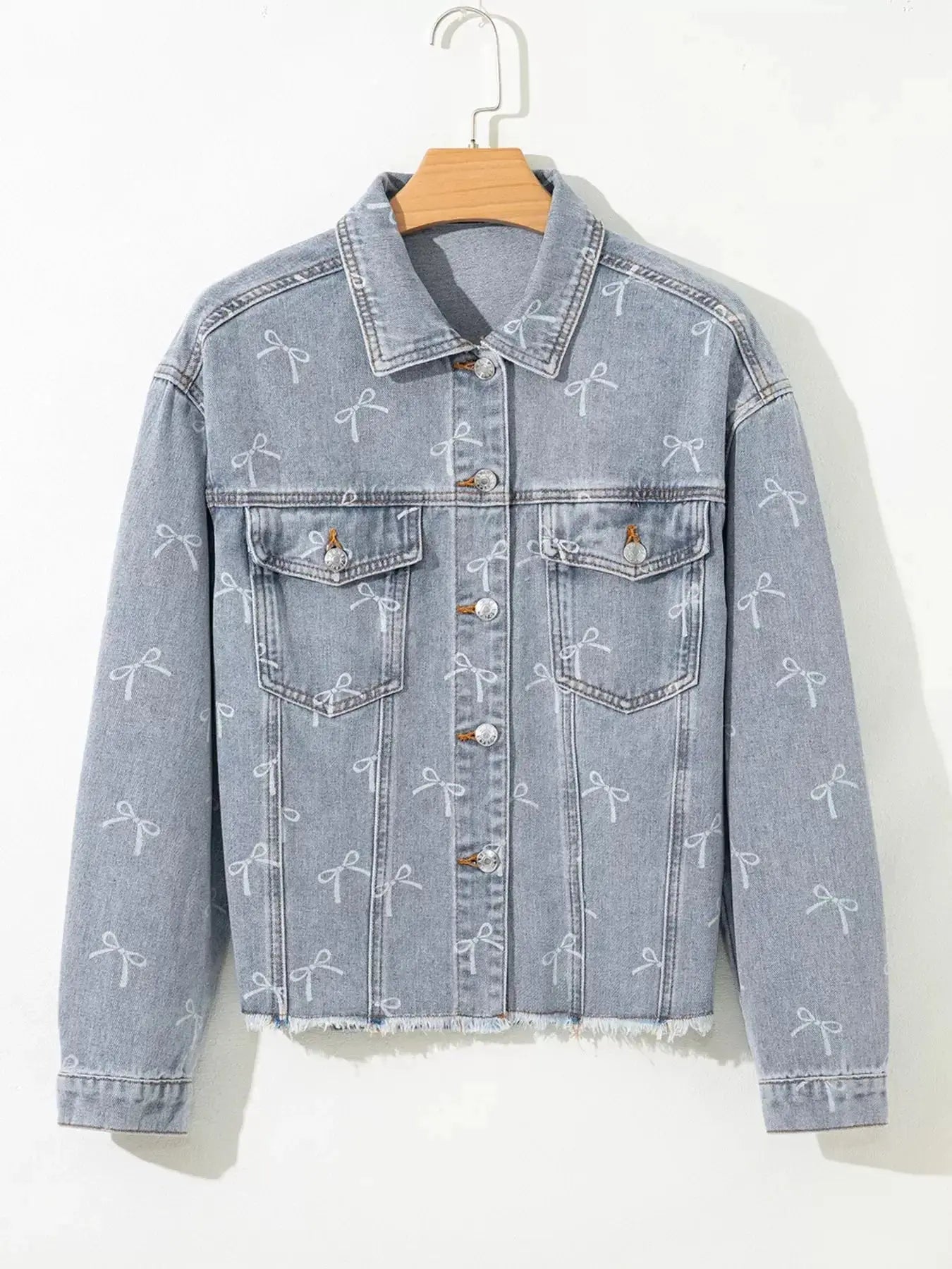 Bow Knot Print Light Wash Raw Hem Denim Jacket - Plush Fashion Hub
