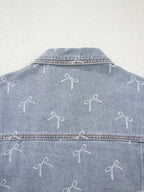 Bow Knot Print Light Wash Raw Hem Denim Jacket - Plush Fashion Hub