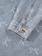 Bow Knot Print Light Wash Raw Hem Denim Jacket - Plush Fashion Hub