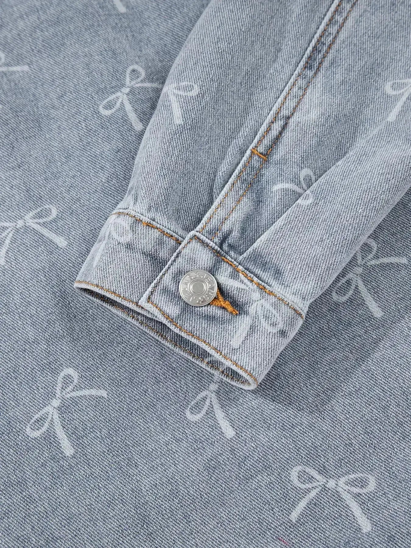 Bow Knot Print Light Wash Raw Hem Denim Jacket - Plush Fashion Hub