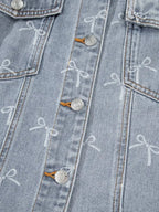 Bow Knot Print Light Wash Raw Hem Denim Jacket - Plush Fashion Hub