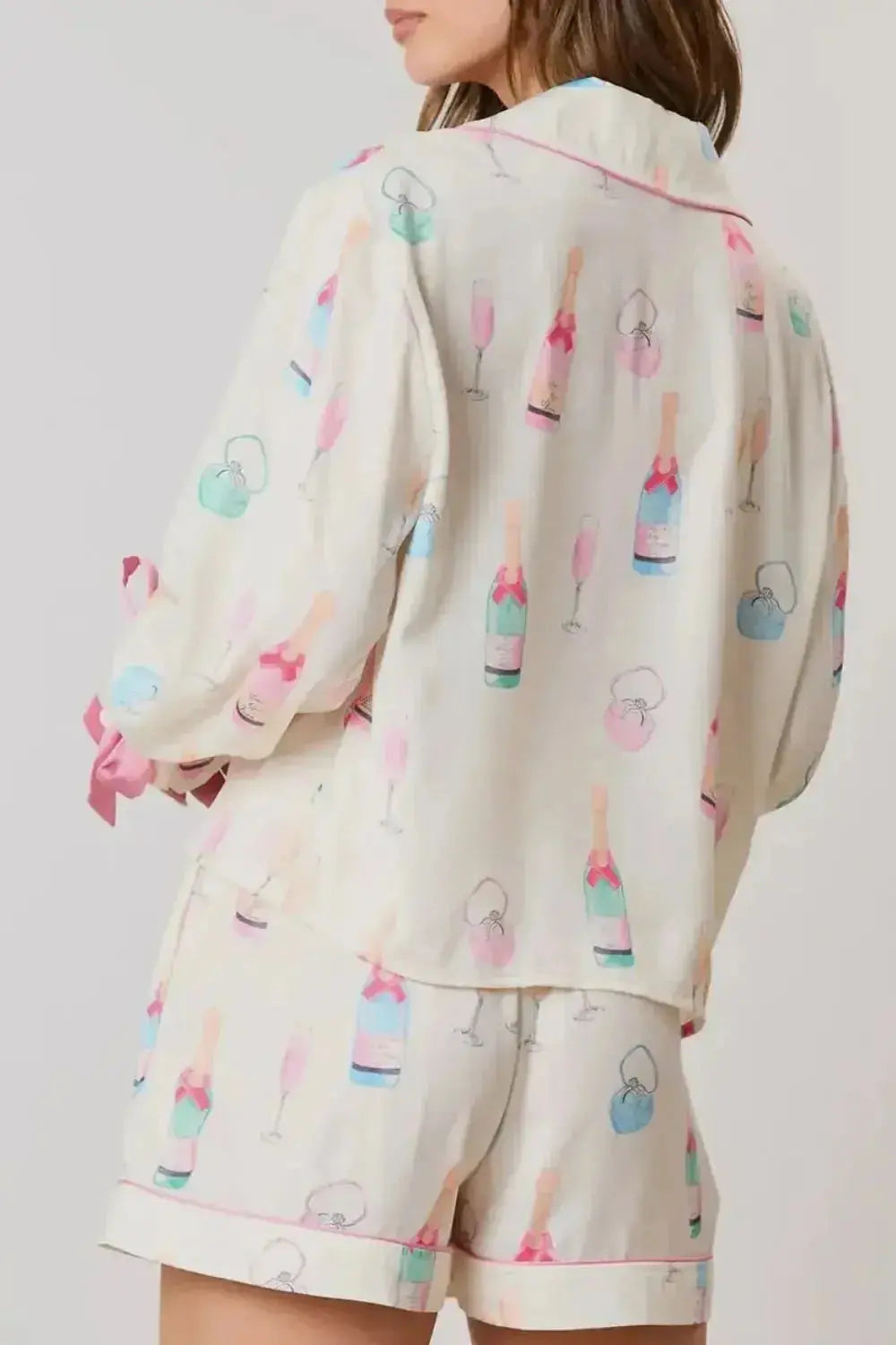 Bow Printed Collared Neck Top and Drawstring Shorts Lounge Set - Plush Fashion Hub