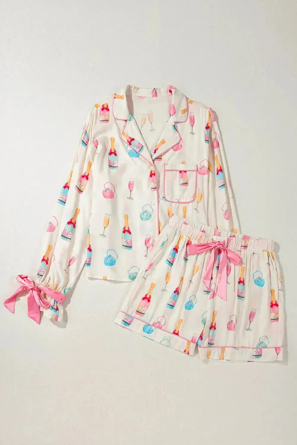 Bow Printed Collared Neck Top and Drawstring Shorts Lounge Set - Plush Fashion Hub