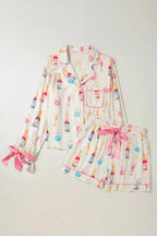 Bow Printed Collared Neck Top and Drawstring Shorts Lounge Set - Plush Fashion Hub