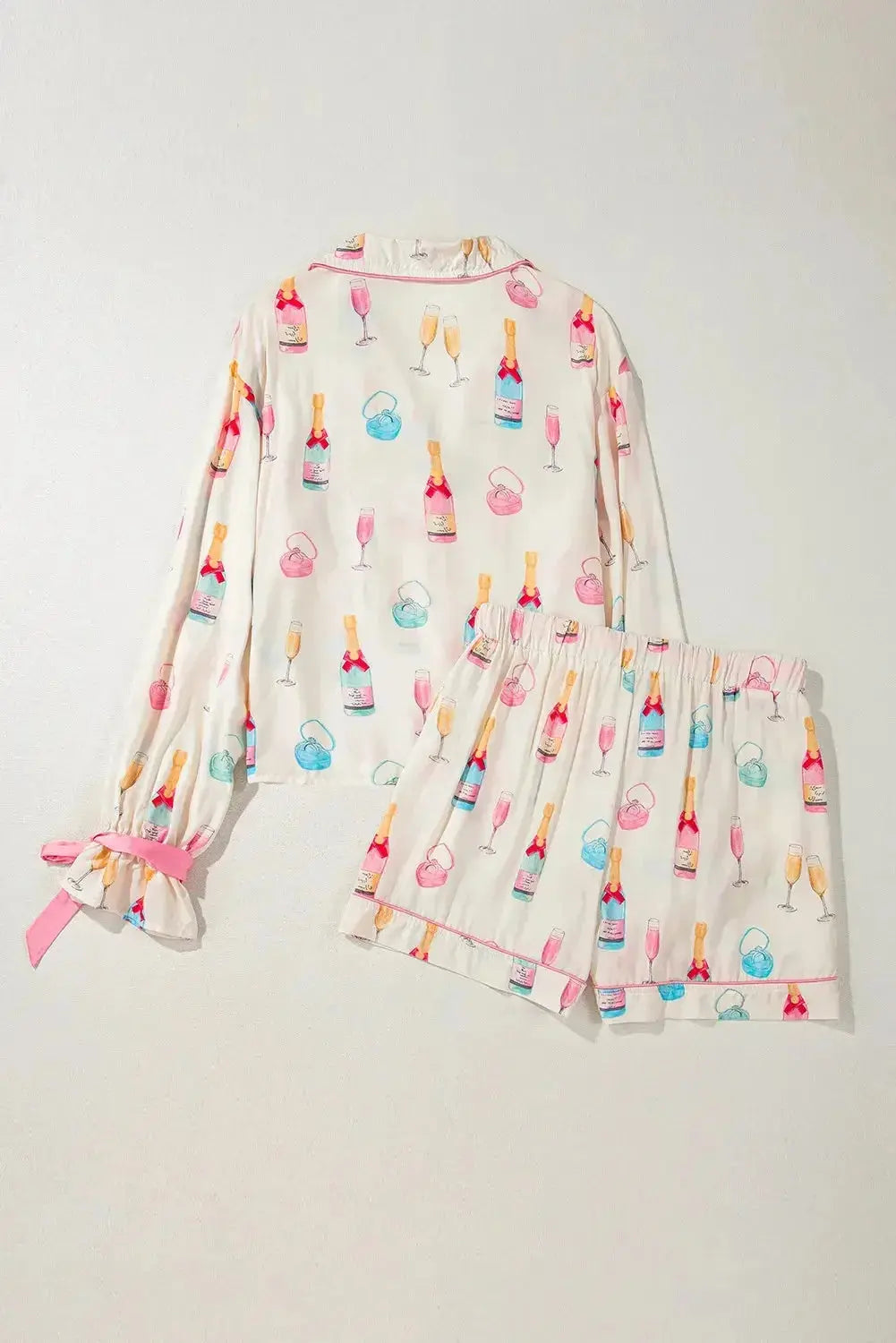 Bow Printed Collared Neck Top and Drawstring Shorts Lounge Set - Plush Fashion Hub