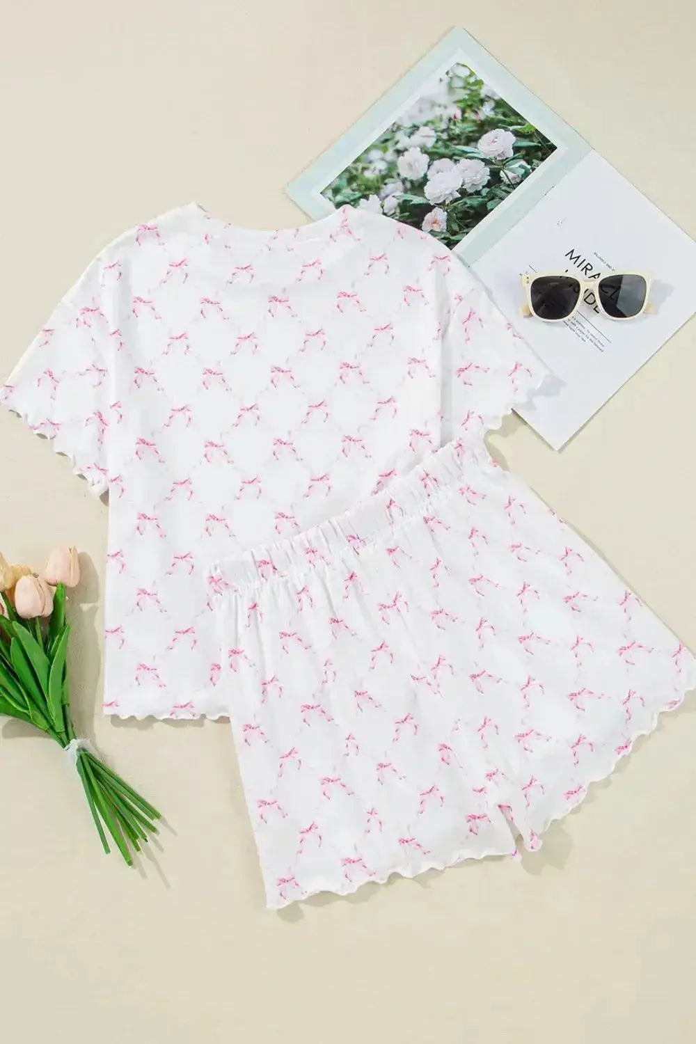Bow Print Lettuce Trim Round Neck Top and Shorts Lounge Set - Plush Fashion Hub
