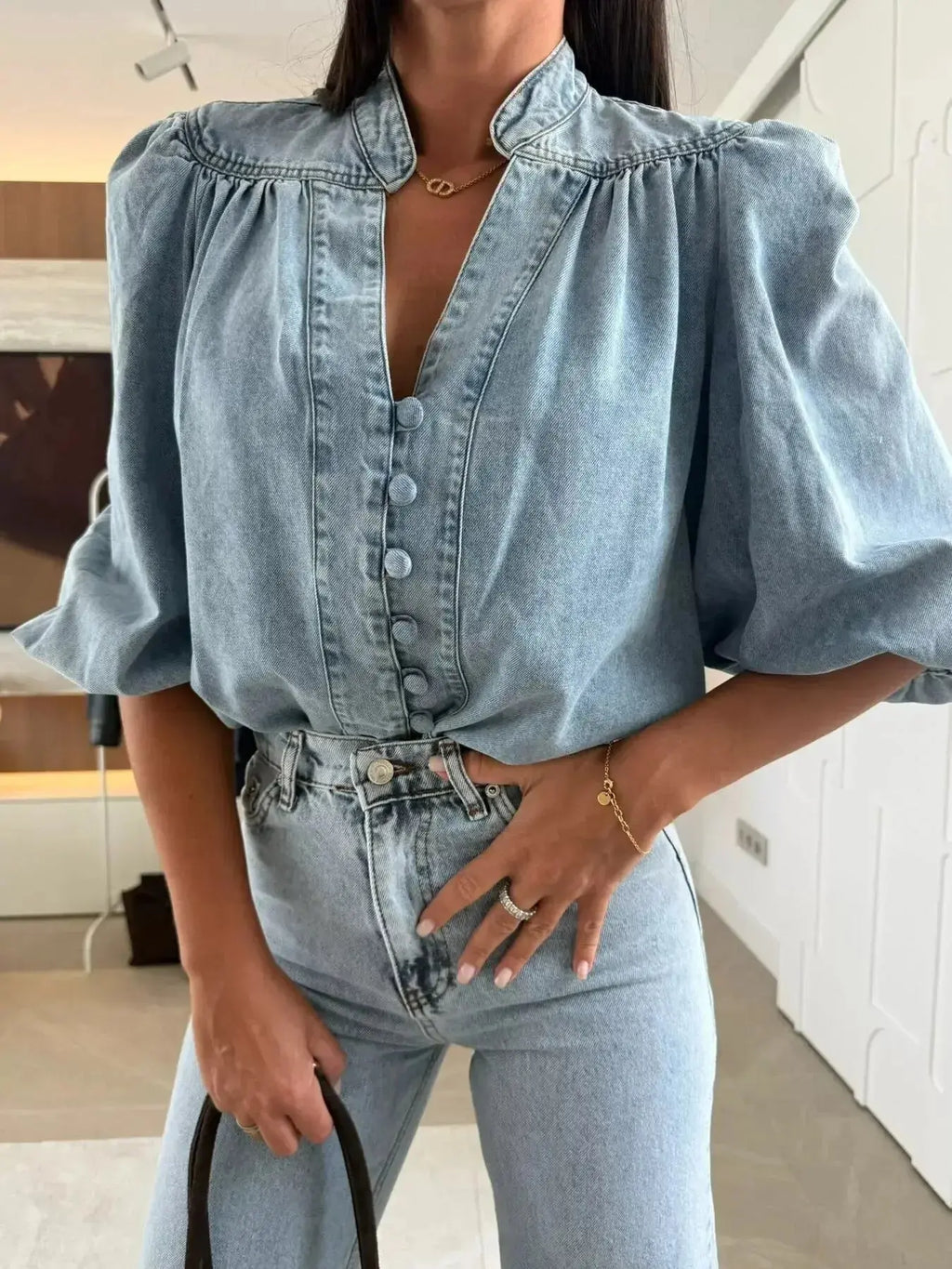 Button-Down Puff Sleeve Denim Top - Plush Fashion Hub