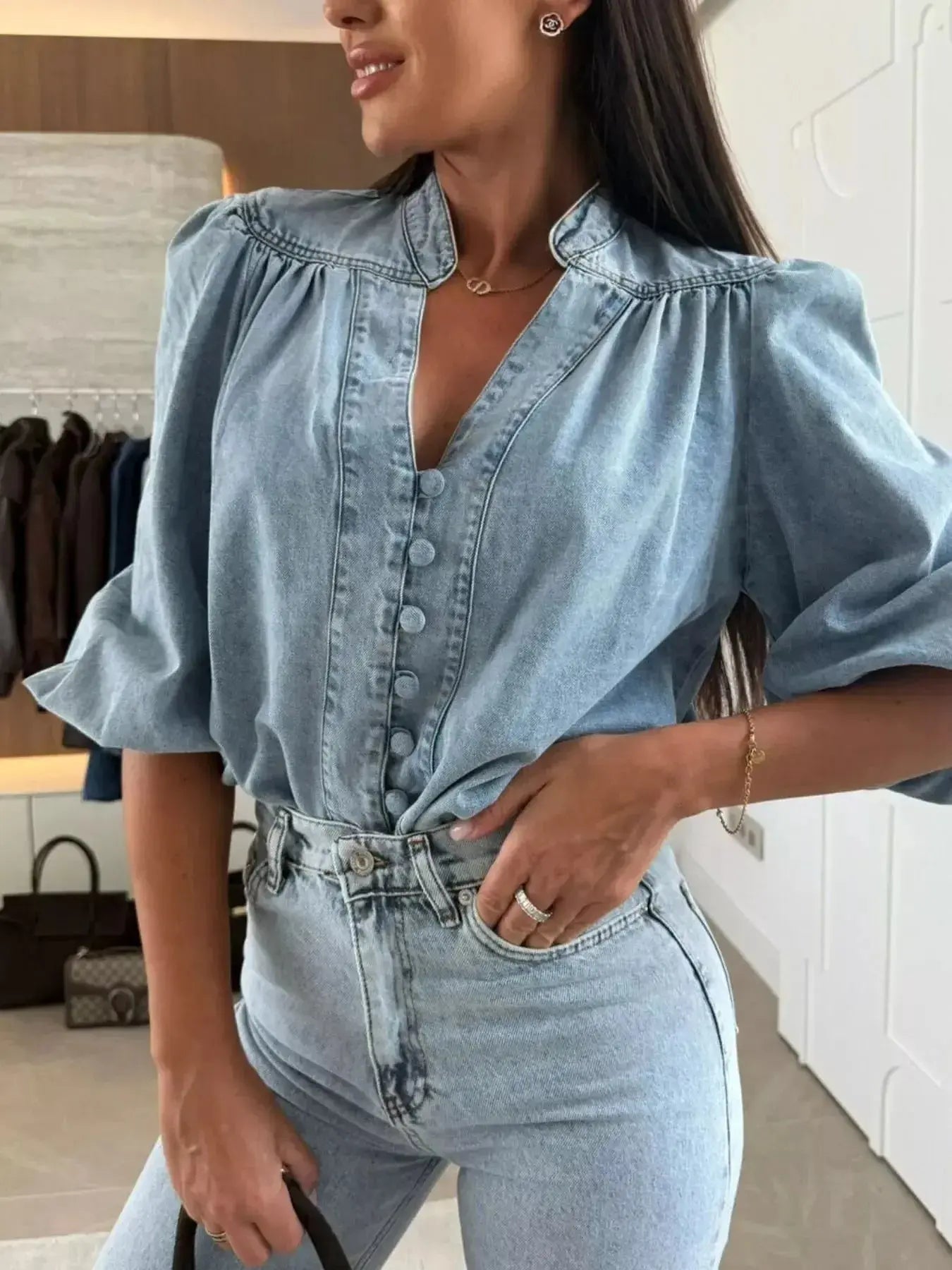 Button-Down Puff Sleeve Denim Top - Plush Fashion Hub