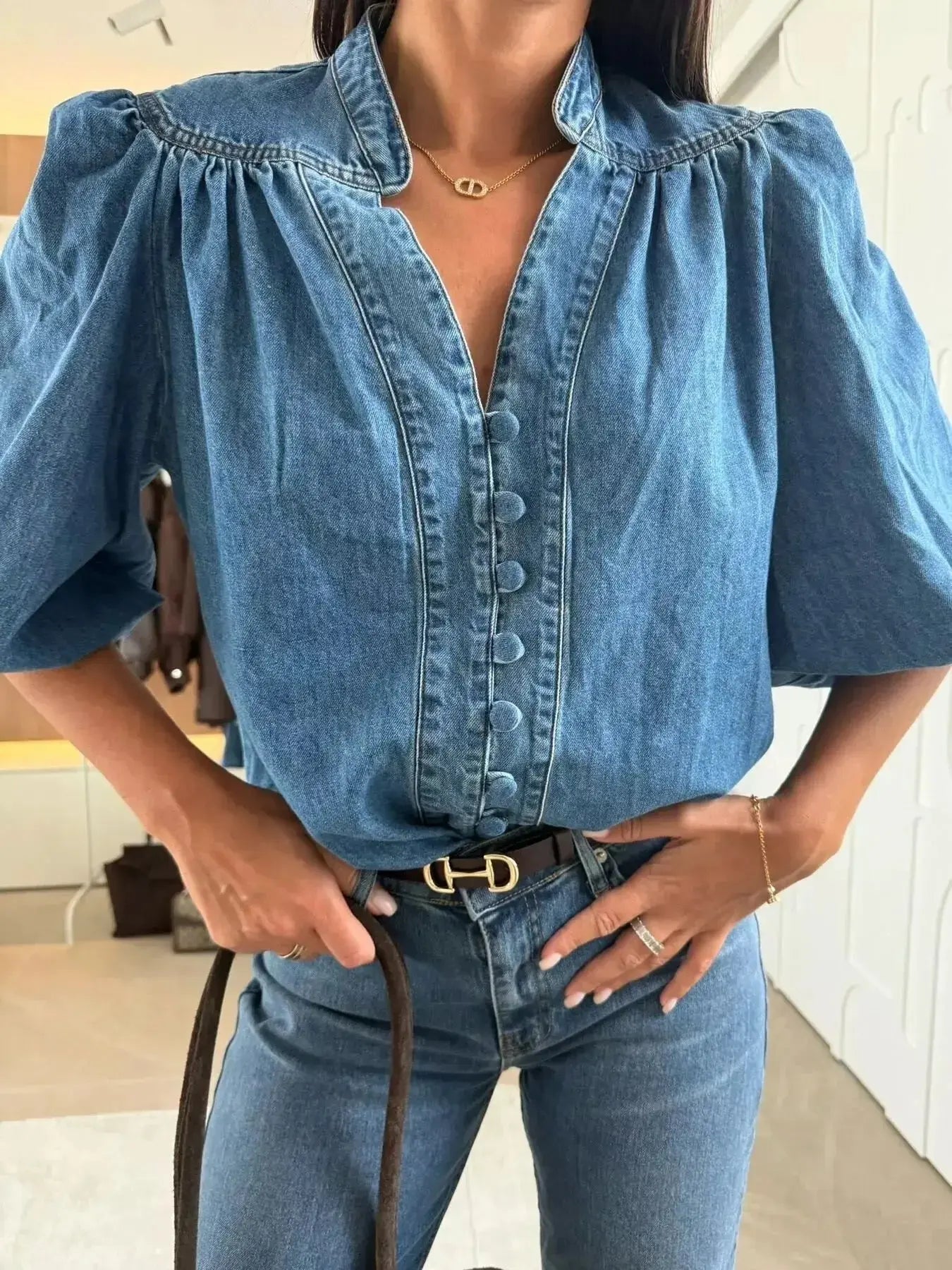 Button-Down Puff Sleeve Denim Top - Plush Fashion Hub
