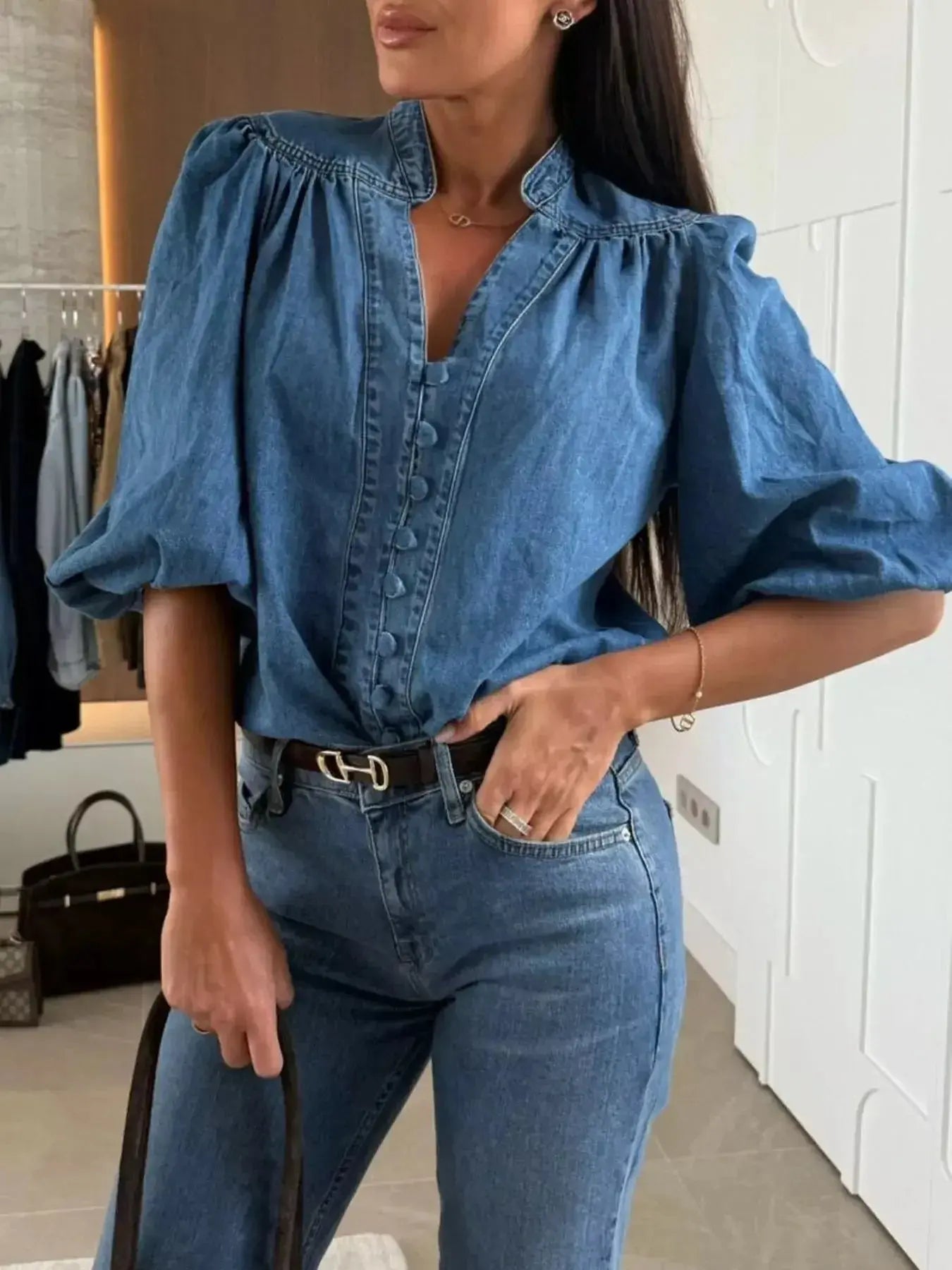 Button-Down Puff Sleeve Denim Top - Plush Fashion Hub