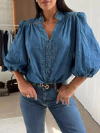 Button-Down Puff Sleeve Denim Top - Plush Fashion Hub