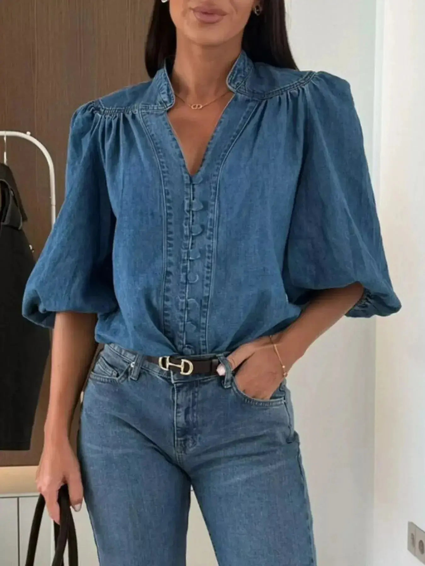 Button-Down Puff Sleeve Denim Top - Plush Fashion Hub