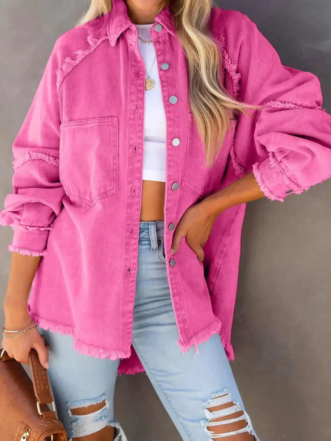 Button Down Raw Hem Denim Jacket - Plush Fashion Hub
