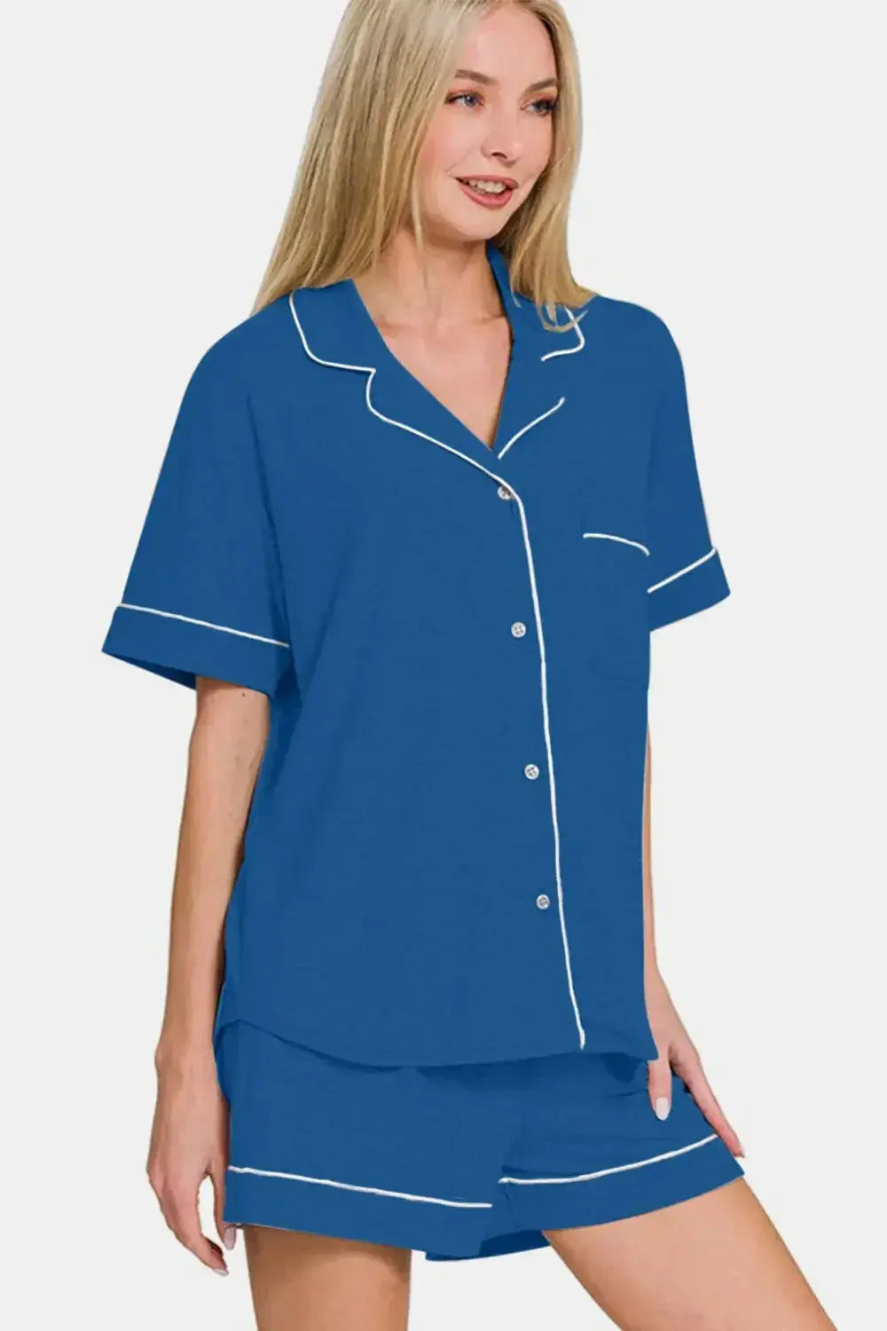 Zenana Button Down Short Sleeve Top and Shorts Lounge Set - Plush Fashion Hub
