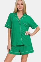 Zenana Button Down Short Sleeve Top and Shorts Lounge Set - Plush Fashion Hub