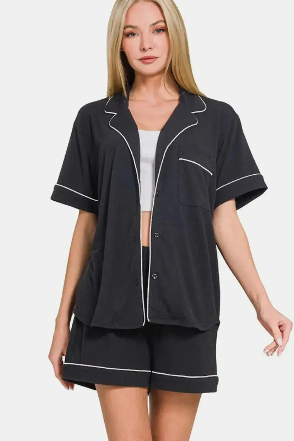 Zenana Button Down Short Sleeve Top and Shorts Lounge Set - Plush Fashion Hub