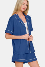 Zenana Button Down Short Sleeve Top and Shorts Lounge Set - Plush Fashion Hub
