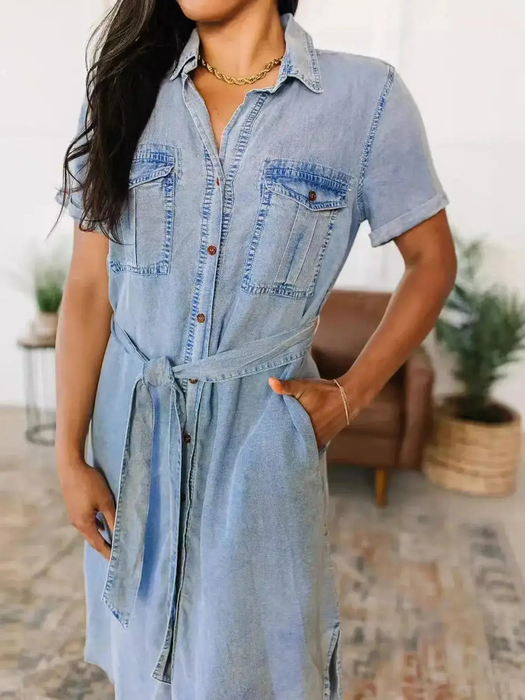 Button Front Short Sleeve Denim Dress - Plush Fashion Hub