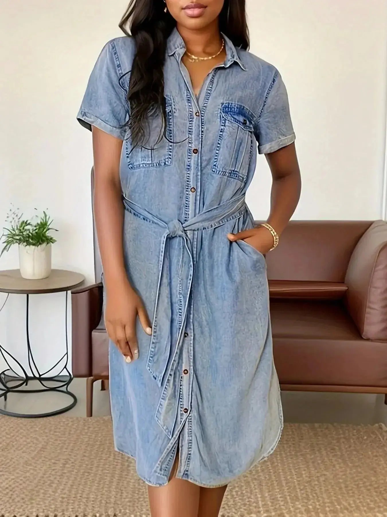 Button Front Short Sleeve Denim Dress - Plush Fashion Hub