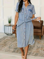 Button Front Short Sleeve Denim Dress - Plush Fashion Hub