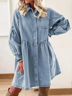 Button-Up Denim Shirt Dress with Smocked Cuffs - Plush Fashion Hub
