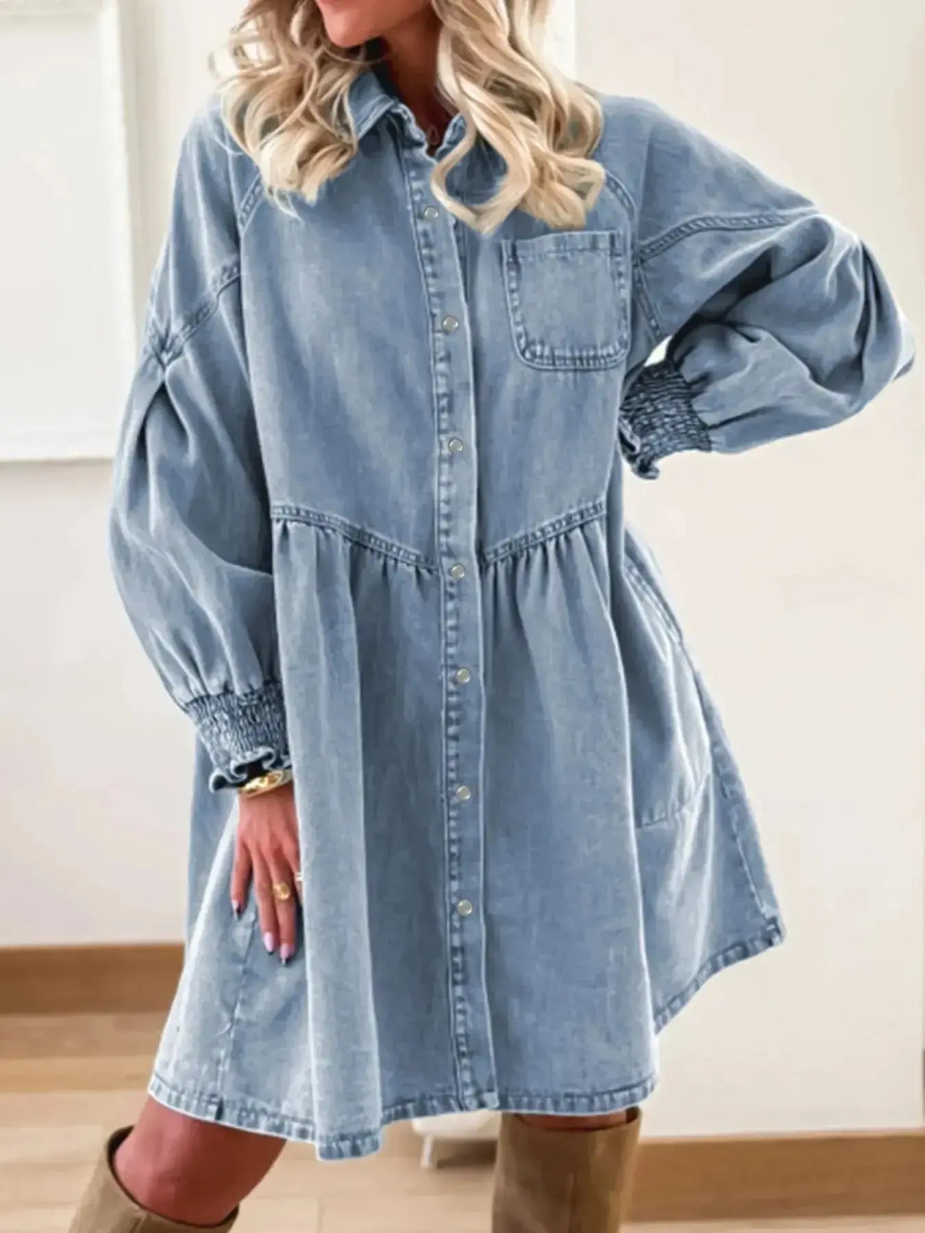 Button-Up Denim Shirt Dress with Smocked Cuffs - Plush Fashion Hub