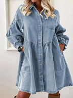 Button-Up Denim Shirt Dress with Smocked Cuffs - Plush Fashion Hub