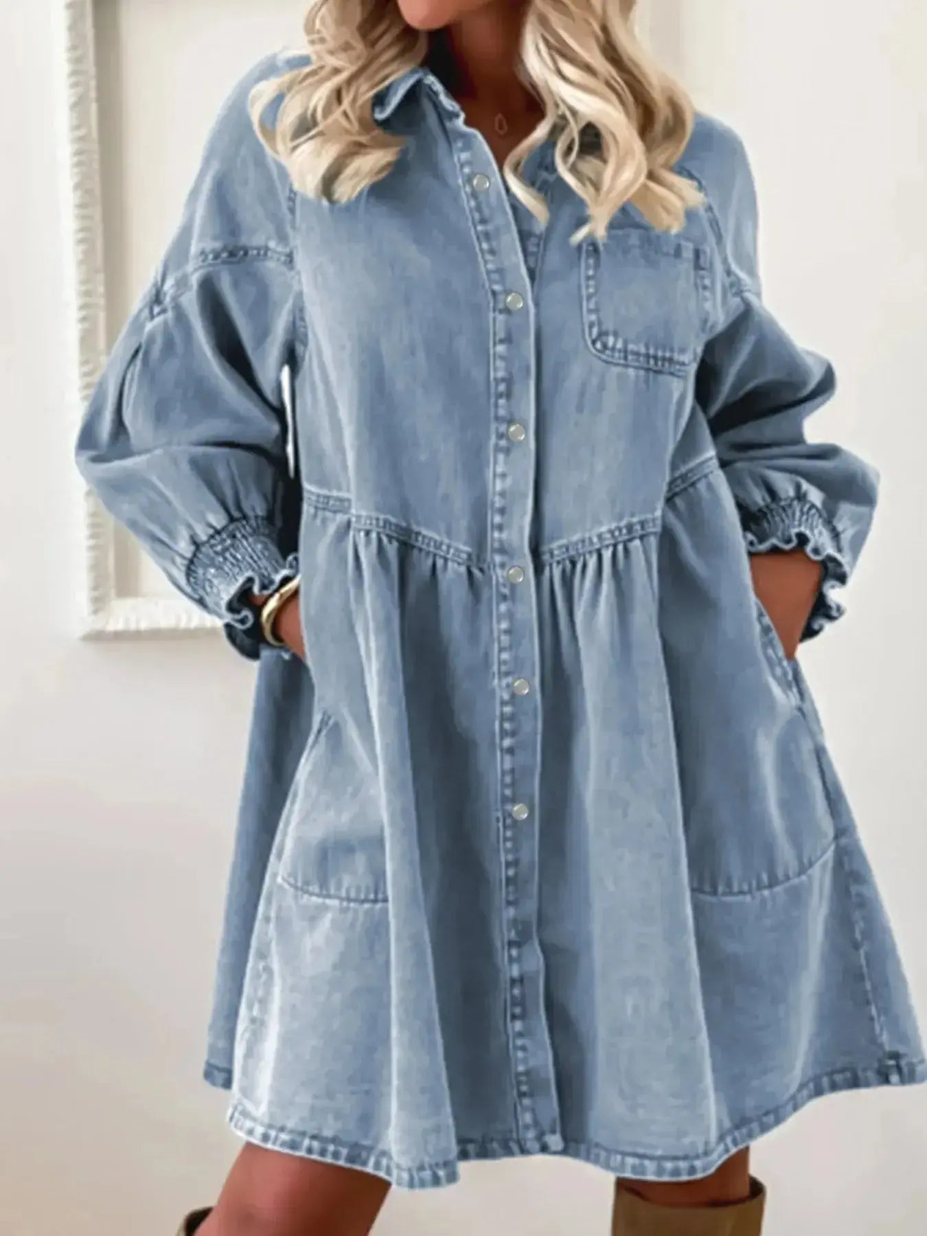 Button-Up Denim Shirt Dress with Smocked Cuffs - Plush Fashion Hub