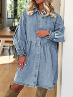 Button-Up Denim Shirt Dress with Smocked Cuffs - Plush Fashion Hub