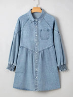 Button-Up Denim Shirt Dress with Smocked Cuffs - Plush Fashion Hub