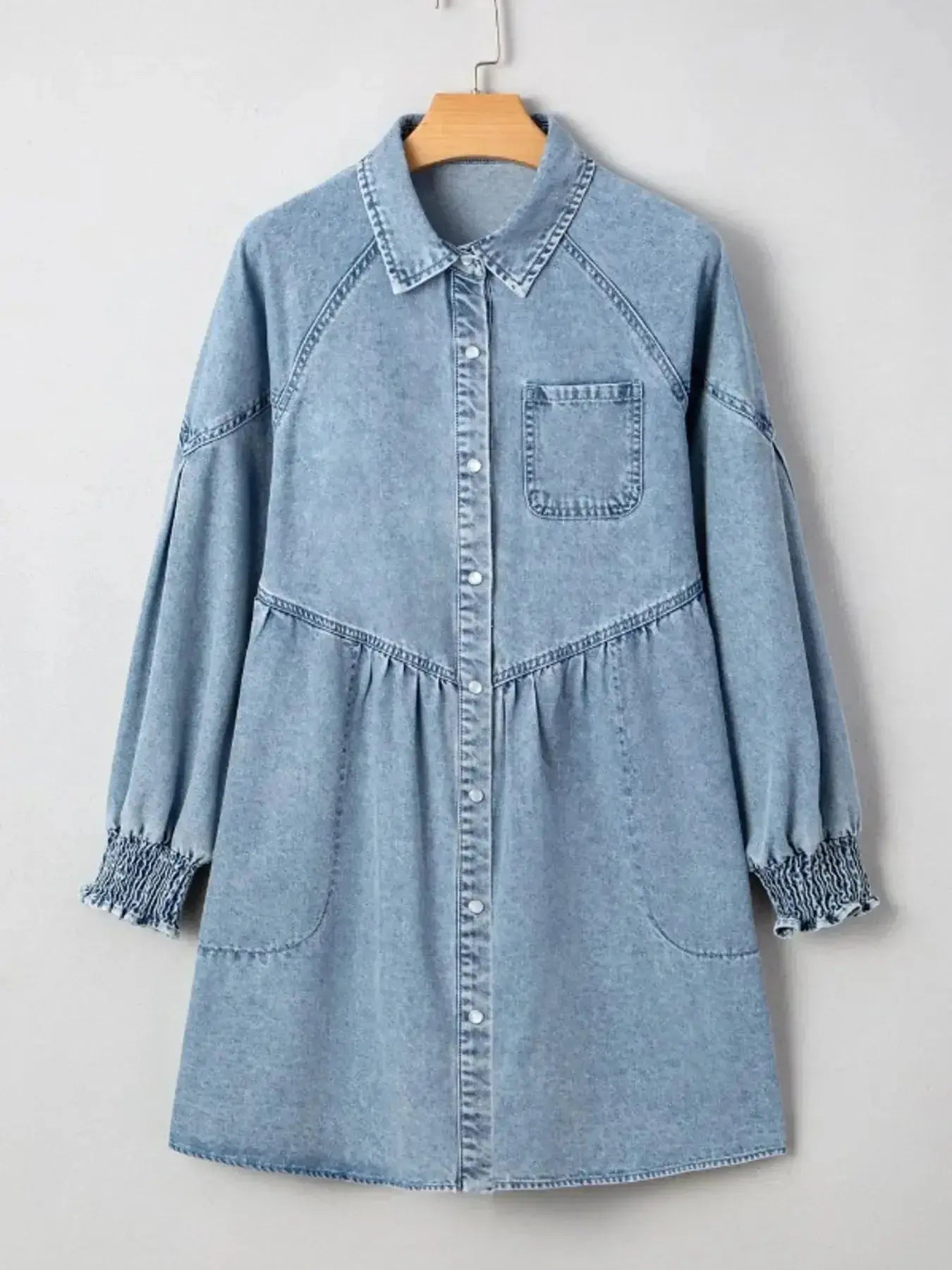 Button-Up Denim Shirt Dress with Smocked Cuffs - Plush Fashion Hub