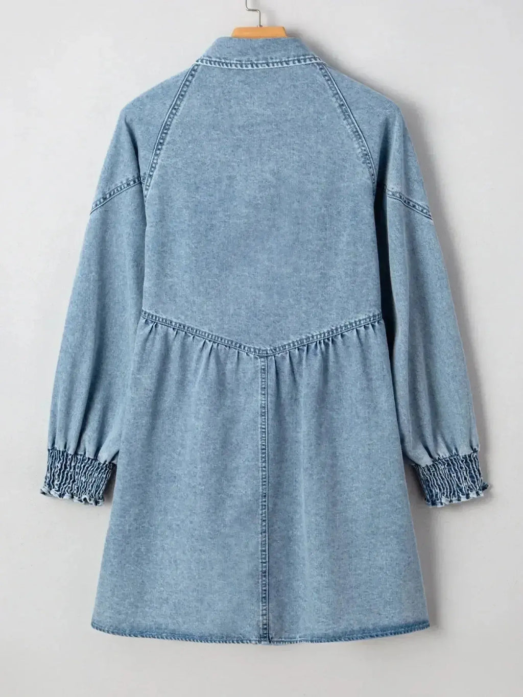 Button-Up Denim Shirt Dress with Smocked Cuffs - Plush Fashion Hub