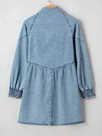 Button-Up Denim Shirt Dress with Smocked Cuffs - Plush Fashion Hub