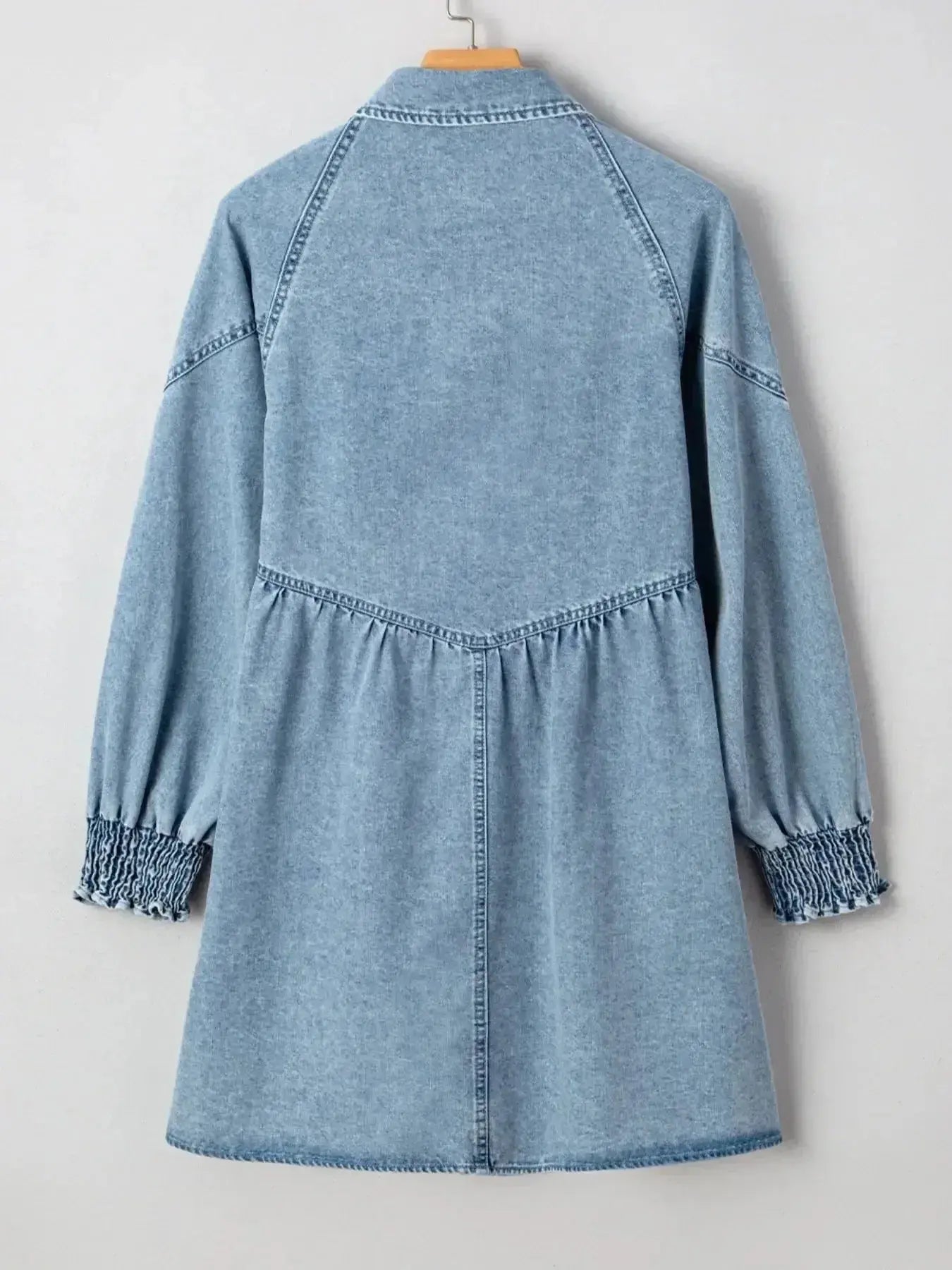 Button-Up Denim Shirt Dress with Smocked Cuffs - Plush Fashion Hub