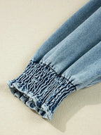 Button-Up Denim Shirt Dress with Smocked Cuffs - Plush Fashion Hub