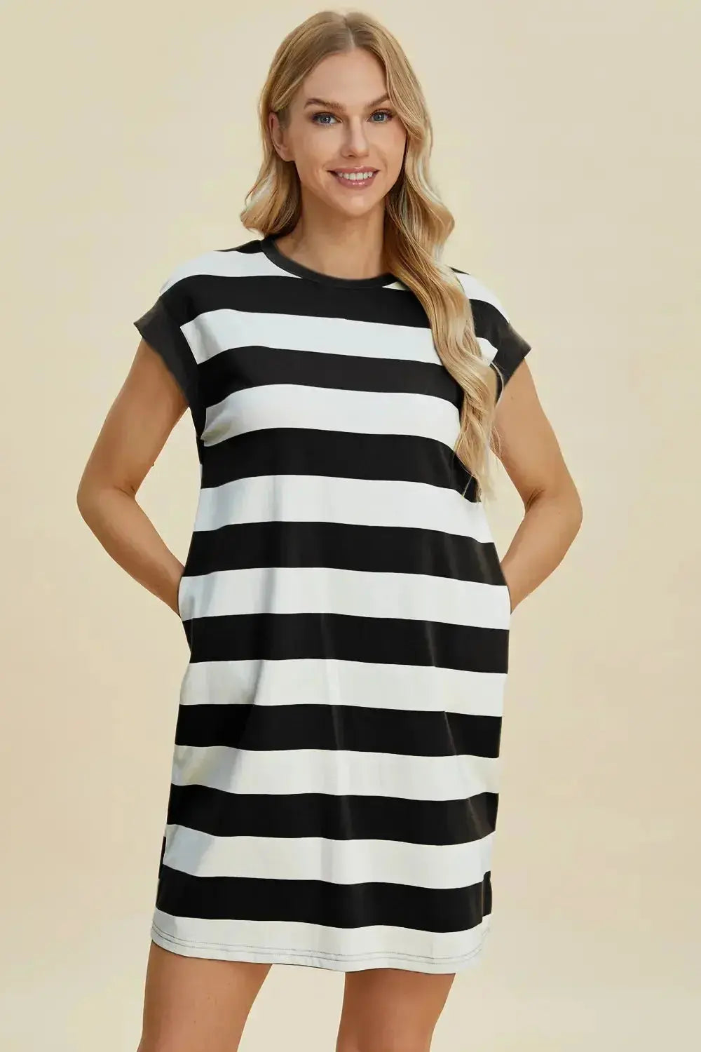 Basic Bae Full Size Striped Round Neck Cap Sleeve Mini Dress - Plush Fashion Hub