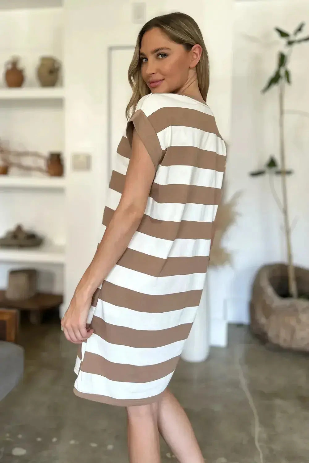 Basic Bae Full Size Striped Round Neck Cap Sleeve Mini Dress - Plush Fashion Hub