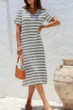 Casual Striped V-Neck Midi T-Shirt Dress - Plush Fashion Hub