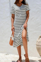Casual Striped V-Neck Midi T-Shirt Dress - Plush Fashion Hub