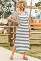 Casual Striped V-Neck Midi T-Shirt Dress - Plush Fashion Hub