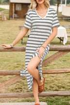 Casual Striped V-Neck Midi T-Shirt Dress - Plush Fashion Hub