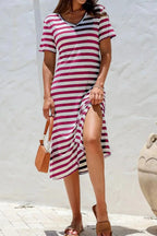 Casual Striped V-Neck Midi T-Shirt Dress - Plush Fashion Hub