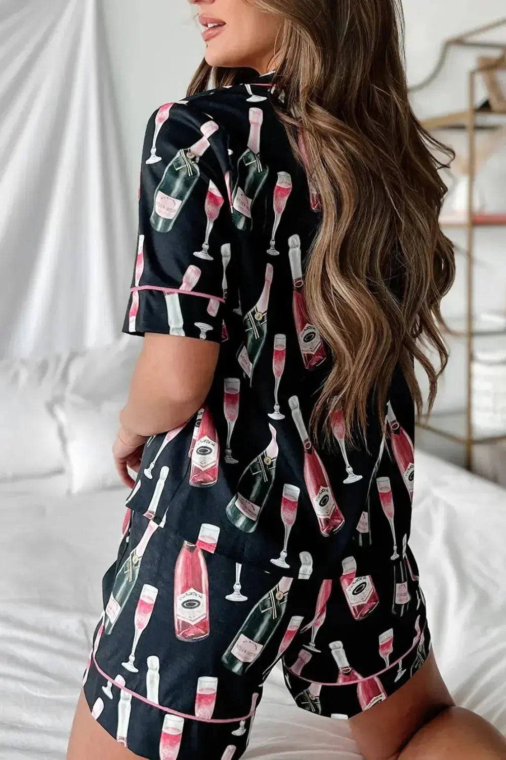 Champagne Print Short Sleeve Top and Shorts Set - Plush Fashion Hub
