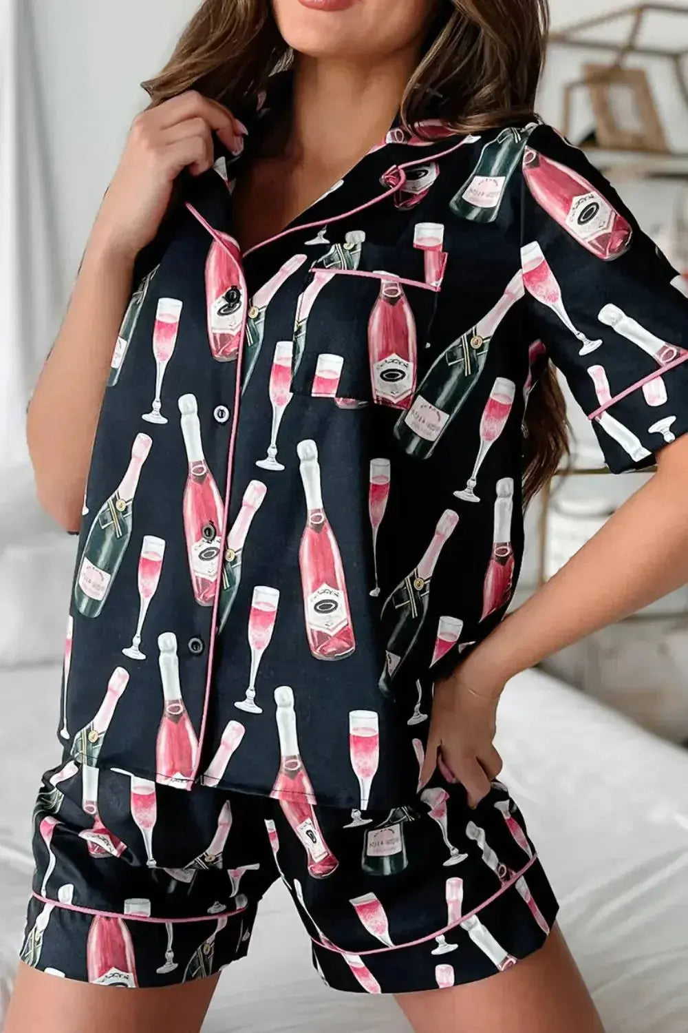 Champagne Print Short Sleeve Top and Shorts Set - Plush Fashion Hub