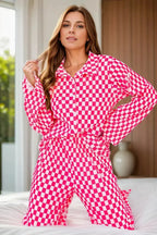 Checkered Button Up Top and Pants Lounge Set - Plush Fashion Hub