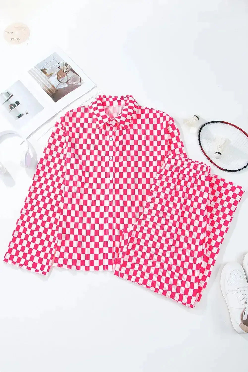 Checkered Button Up Top and Pants Lounge Set - Plush Fashion Hub