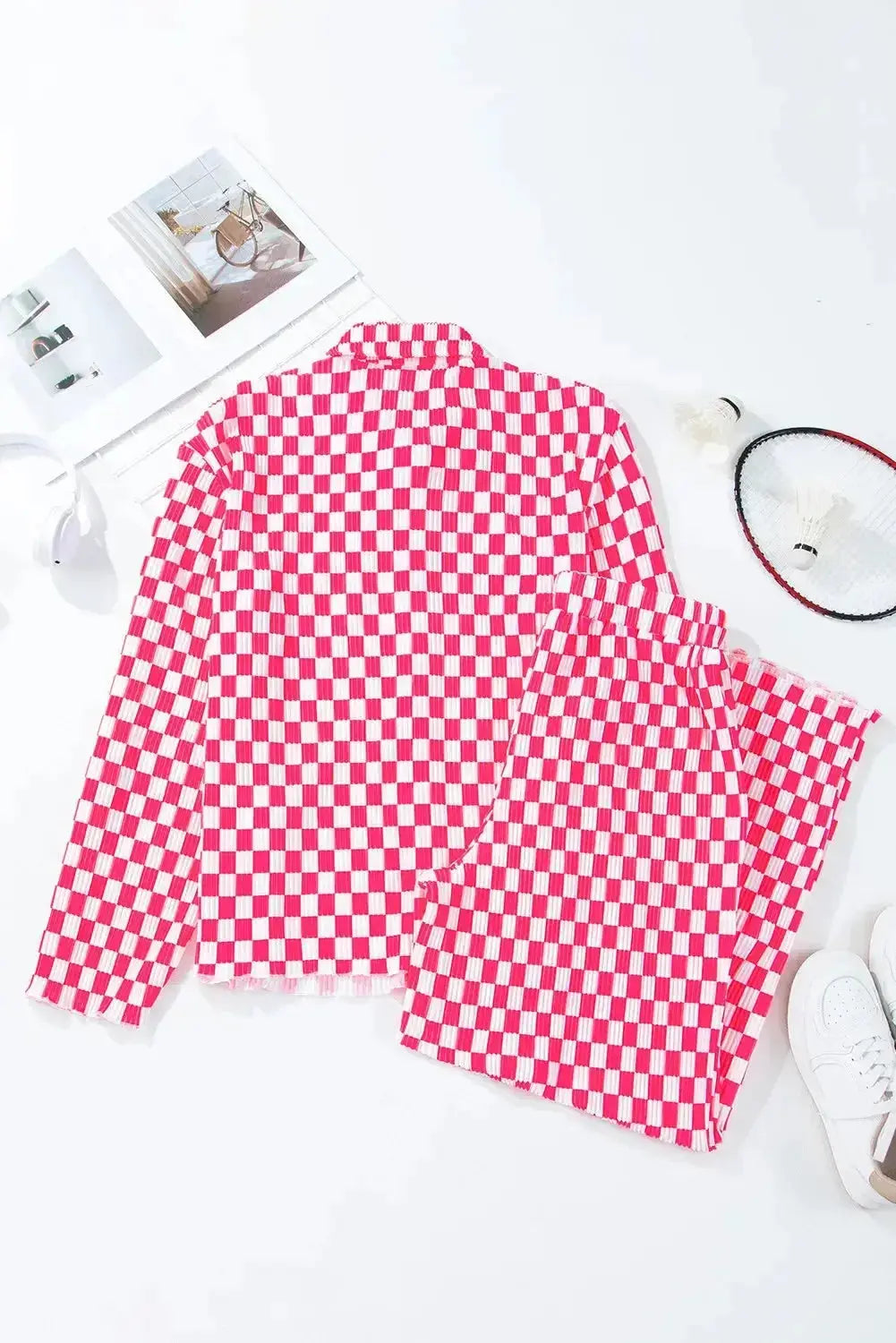 Checkered Button Up Top and Pants Lounge Set - Plush Fashion Hub