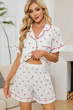 Cheery Print Collared Neck Top and Shorts Lounge Set - Plush Fashion Hub