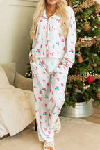 Christmas Printed Collared Neck Top and Pants Lounge Set - Plush Fashion Hub