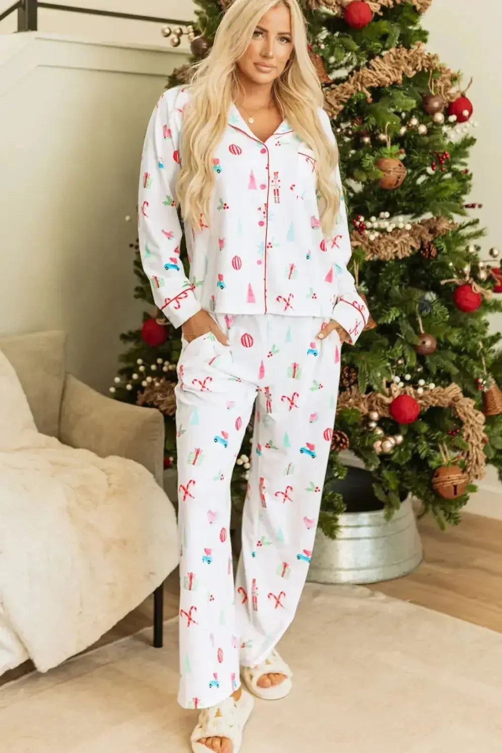 Christmas Printed Collared Neck Top and Pants Lounge Set - Plush Fashion Hub